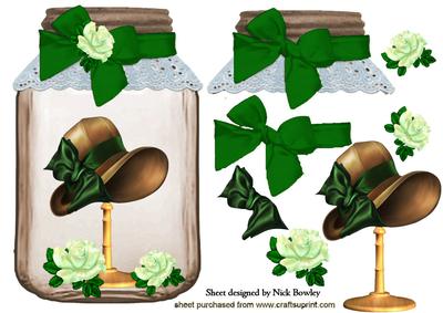 Pretty Hat with Green Bow in a Jar with Roses
