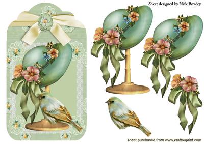 Pretty Green Floral Hat on a Stand with Bird, Pretty Tag