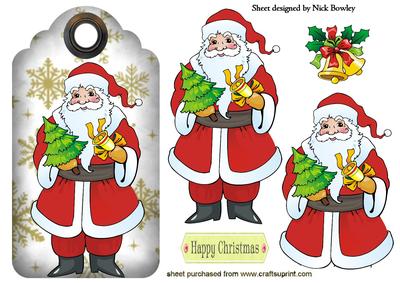 Jolly Santa with Bells on Gold Snowflake Tag