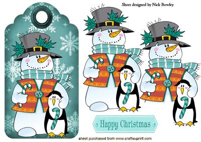 Snowman with Penguin on Snowflake Tag