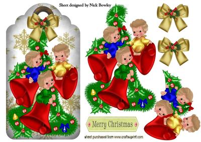 Cute Baby Cherubs Sitting on Bells on a Tag