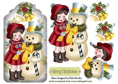 Snowman with Little Girl and Bells on a Tag