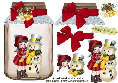 Snowman with Little Girl and Bells in a Jar