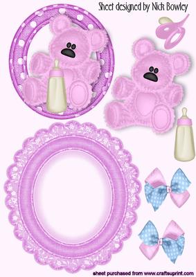 Pink Teddy with Bottle and Dummy on Rocker Card
