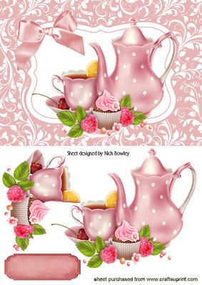 Pink Teapot with Cupcake and Flowers