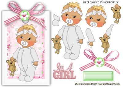 Cute Baby Girl in White Babygro with Dummy on a Tag