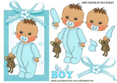 Cute Baby Boy in Turq Babygro with Dummy on a Tag