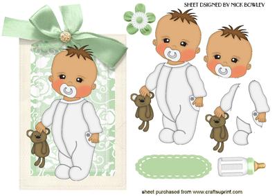 Cute Baby Boy in White Babygro with Dummy on a Tag