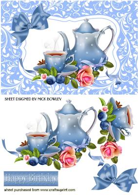 Pretty Blue Teapot with Pink Roses