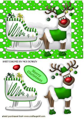 Red Nose Rudey in Green with His Sleigh