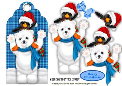 Cute Penguin with Polar Bear on Tartan Blue Tag