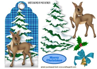 Pretty Deer with Christmas Tree on Tartan Tag