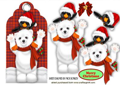 Cute Penguin with Polar Bear on Red Tartan Tag
