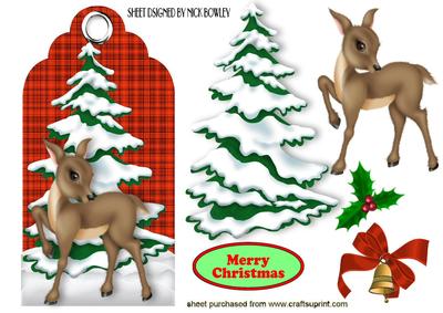 Pretty Deer with Christmas Tree on Red Tartan Tag