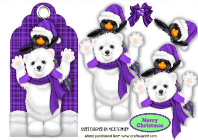 Cute Penguin with Polar Bear on Purple Tartan Tag