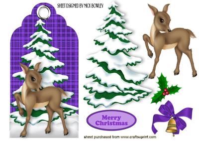 Pretty Deer with Christmas Tree on Purple Tartan Tag