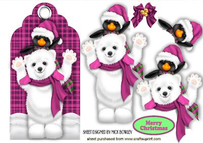 Cute Penguin with Polar Bear on Pink Tartan Tag