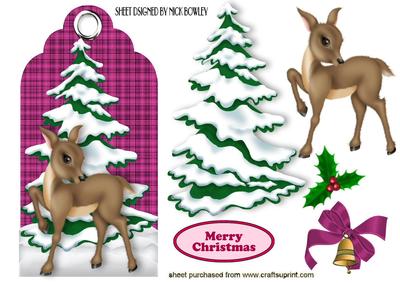 Pretty Deer with Christmas Tree on Pink Tartan Tag