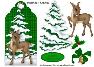 Pretty Deer with Christmas Tree on Green Tartan Tag