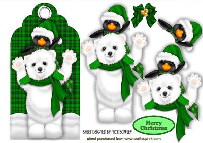 Cute Penguin with Polar Bear on Green Tartan Tag
