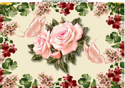 Pink Roses and Butterflies in Floral Frame A4
