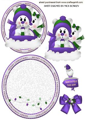 Snow Bears in Purple on a Sledge in Snow Rocker Card
