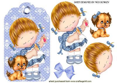 Little Girl with Puppy on Blue Lace Tag