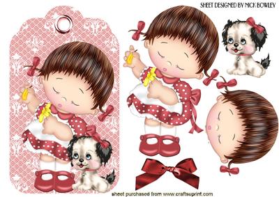 Little Girl with Puppy on Red Lace Tag