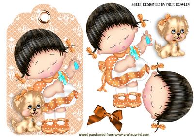 Little Girl with Puppy on Orange Lace Tag