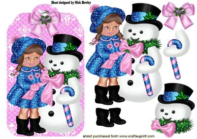 Little Girl with Snowman on Pink Lace Tag