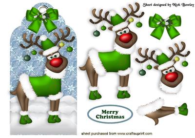 Rudey in Green, Santas Reindeer on a Tag