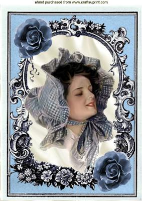 Vintage Lady in Blue Ornate Frame with Roses A4