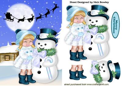 Little Girl with Lovely Snowman in the Snow