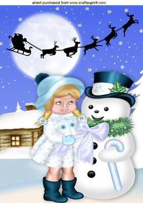 Little Girl with Lovely Snowman in the Snow A4