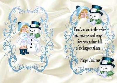 Girl with Lovely Snowman in the Snow Insert with Verse