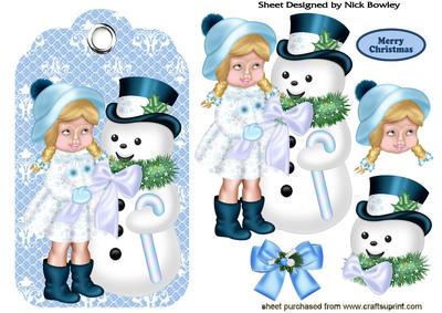 Little Girl with Snowman on Blue Lace Tag