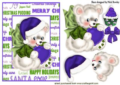 Little Bear with Purple Heart in Christmas Frame