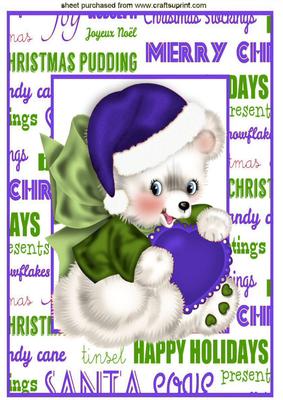 Little Bear with Purple Heart in Christmas Frame A4