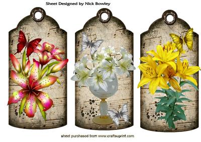 Pretty Lillies on Vintage Tags with Butterflies