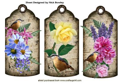 Pretty Flowers on Vintage Tags with Birds