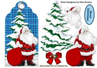 Santa with Christmas Tree on Blue Tartan Tag