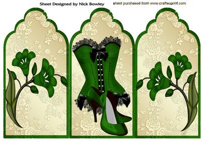Lovely Dark Green Basque and Shoes on Gold Tri Fold