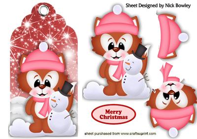 Little Red Fox with Snowman on a Tag