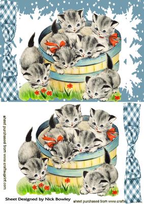Playful Kitties in a Barrel with Gingham Bow