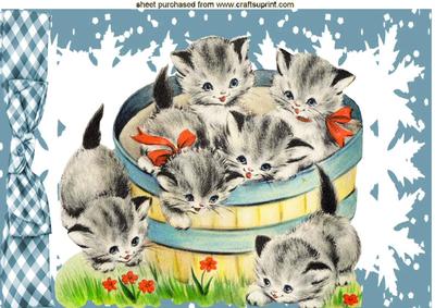 Playfull Kitties in a Barrel with Gingham Bow A4