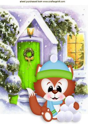 Cute Christmas Fox with Snowballs & Cottage A4