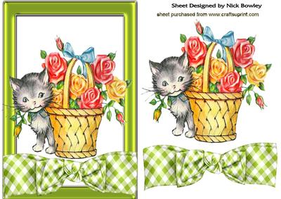 Vintage Kitty with Basket of Flowers with Bow