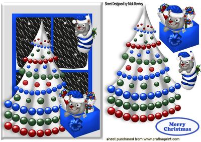 Christmas Tree in the Window with Snow and Bear