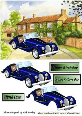 Country Cottage with Blue Vintage Car