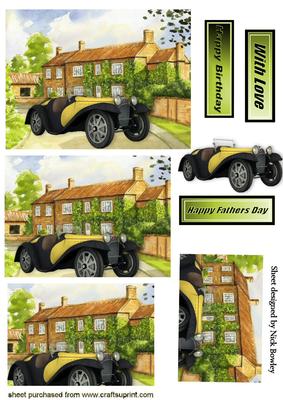 Cottage with Yellow Vintage Sports Car Pyramids
